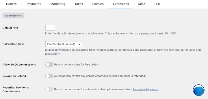 The Easily Digital Downloads Commissions extension settings.