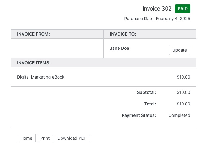 A preview of an EDD custom invoice with PDF and Print options in WordPress. 