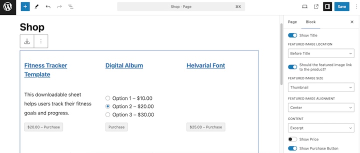 The options to customize your Easy Digital Downloads shop page using the Products block.