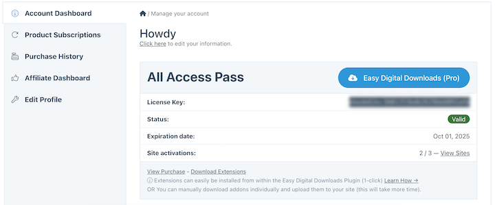 The EDD account dashboard to download Easy Digital Downloads Pro plugin.