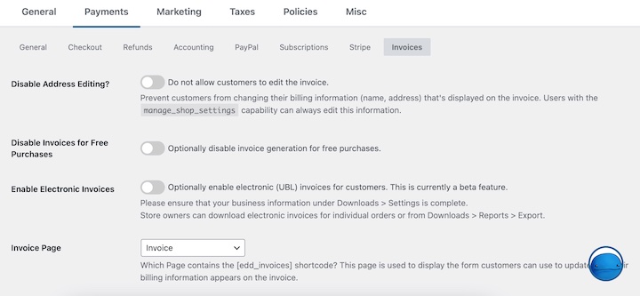 The EDD settings to make custom invoice in WordPress.