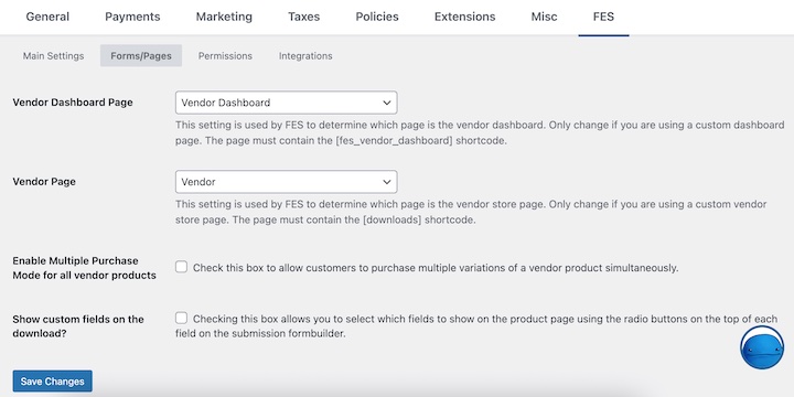 The FES Vendor Dashboard settings.