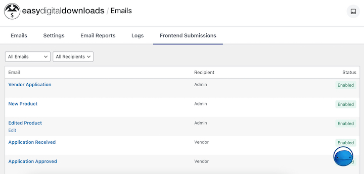 Frontend Submissions email settings in Easy Digital Downloads.