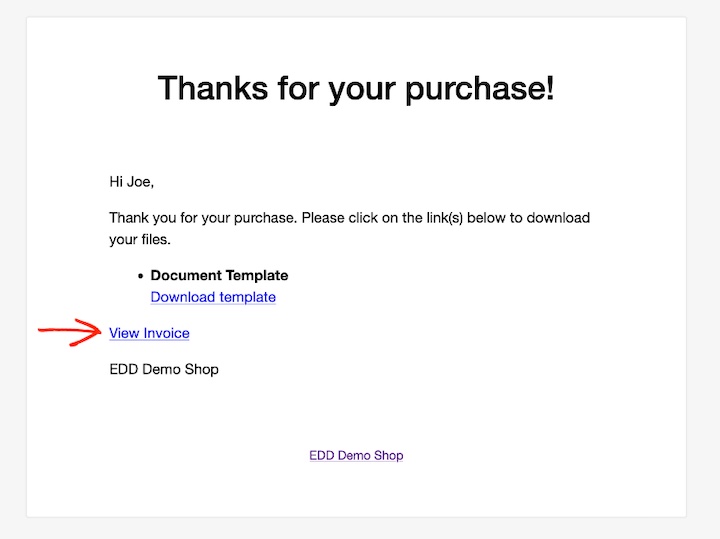 EDD purchase receipt email with option to view invoice.
