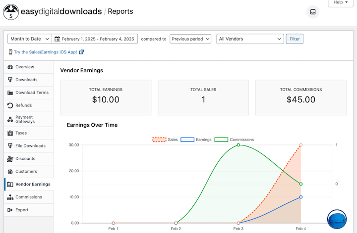 Easy Digital Downloads vendor earnings reports for digital product marketplace in WordPress.