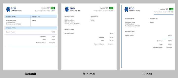 A preview of Easy Digital Downloads invoice template styles in WordPress.