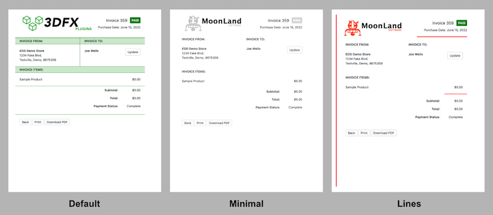 Preview of custom invoices using EDDD templates.