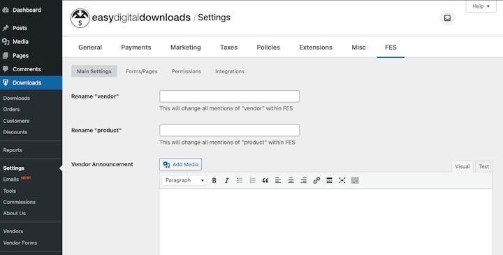 The Frontend Submissions Easy Digital Downloads extension main settings.