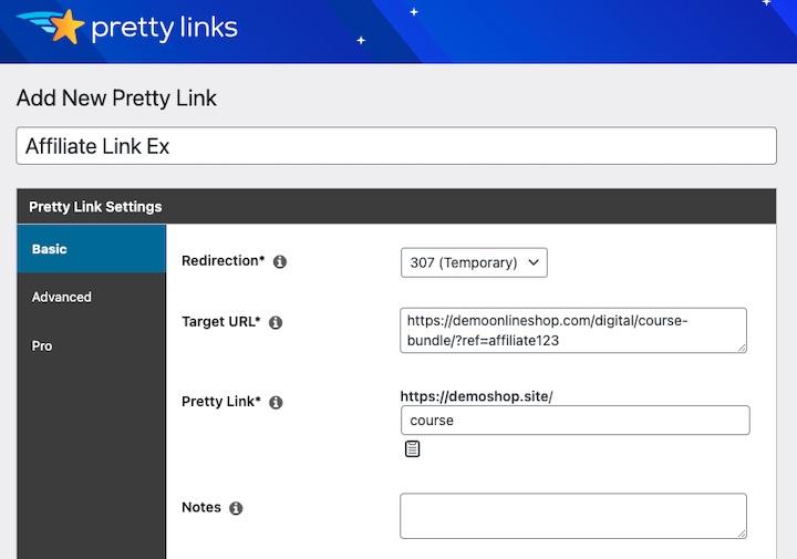 The Pretty Links WordPress affiliate plugin settings for shortening a URL.