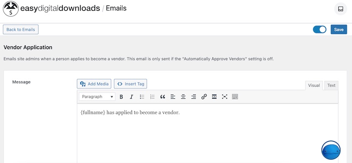 Editing the vendor application email in WordPress with EDD and FES.