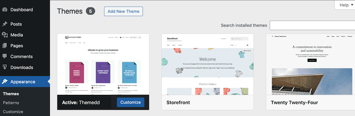 The Themes screen in WordPress.