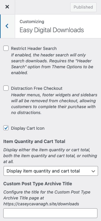 The options to customize Easy Digital Downloads settings in WordPress theme customizer.