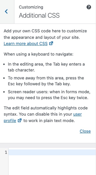 The Additional CSS settings in WordPress theme customizer.