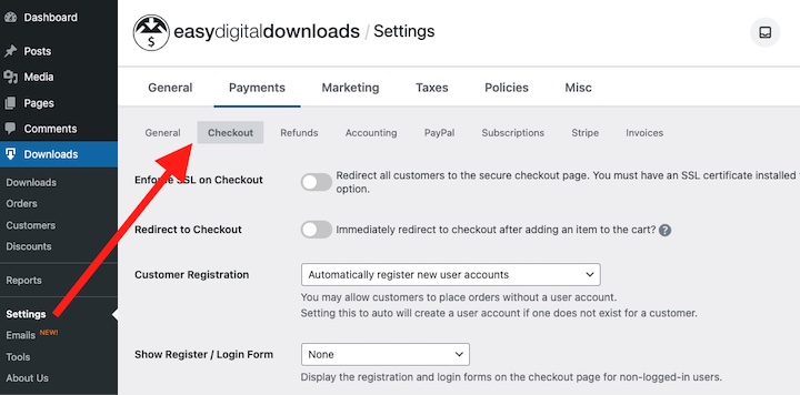 Screenshot – Easy Digital Downloads Easy Digital Downloads Checkout settings in WordPress.