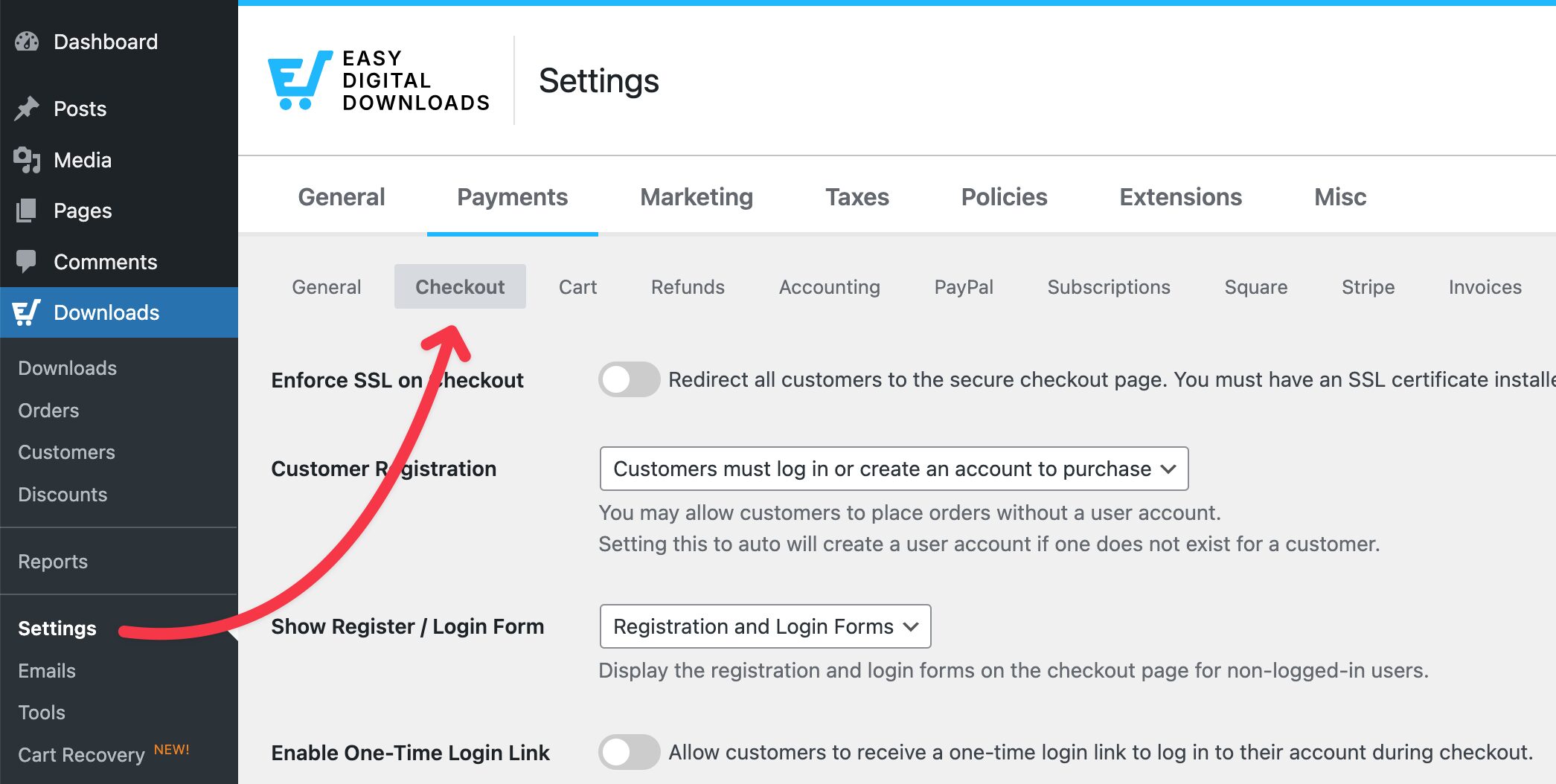 Easy Digital Downloads Checkout-Einstellungen in WordPress.