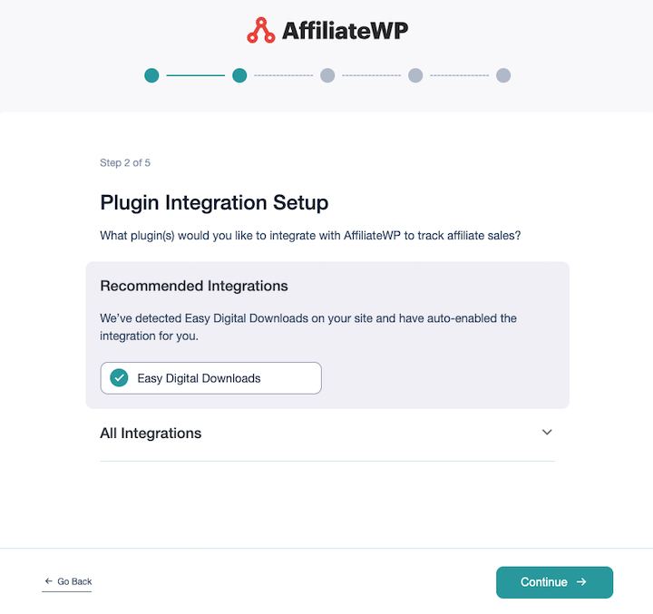 Screenshot – Easy Digital Downloads The AffiliateWP setup wizard to create affilaite program in WordPress.