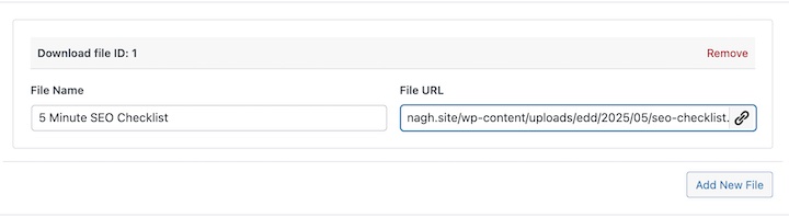 Screenshot – Easy Digital Downloads Uploading free download file to use as a lead magnet in WordPress.
