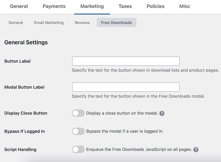 Screenshot – Easy Digital Downloads The EDD Free Downloads addon settings.