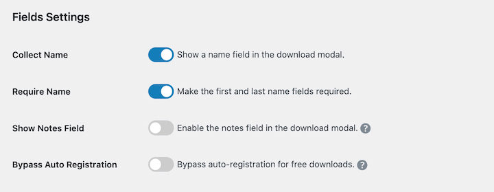 Screenshot – Easy Digital Downloads The Field Settings for a free downloads modal in WordPress