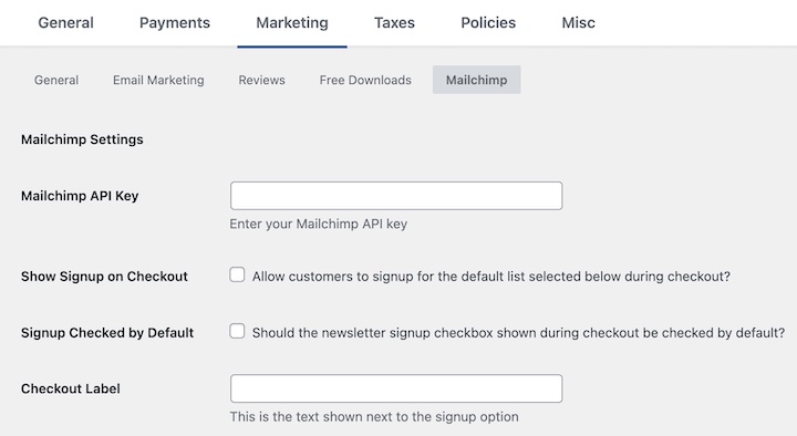 Screenshot – Easy Digital Downloads The Mailchimp integration settings in Easy Digital Downloads.