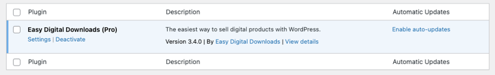 edd-pro-plugin-updated – Easy Digital Downloads The WordPress plugins screen showing updated version of Easy Digital Downloads.