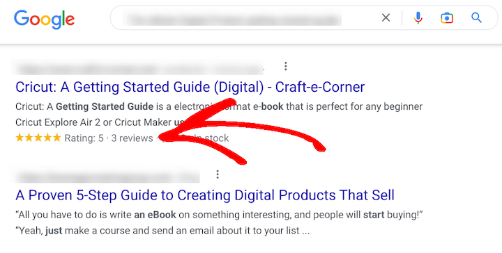 rich-snippets-reviews-google-results – Easy Digital Downloads Google results showing rich snippets product review previews from AIOSEO WordPress plugin.