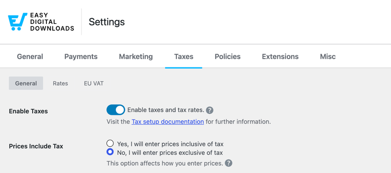 edd-enable-taxes-setting – Easy Digital Downloads Ustawienie Włącz podatki włączone w zakładce Ustawienia podatków Easy Digital Downloads.