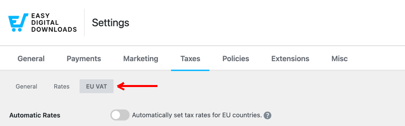 edd-eu-vat-settings-tab – Easy Digital Downloads Wybrana podzakładka VAT UE w ustawieniach Podatki w Easy Digital Downloads.