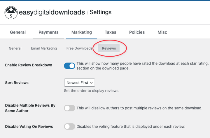 edd-reviews-settings-extension-wordpress – Easy Digital Downloads The Reviews plugin settings in Easy Digital Downloads and WordPress.