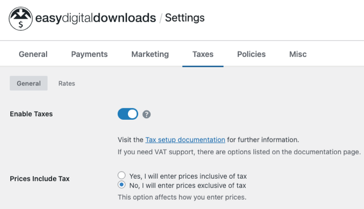 enable-taxes-edd-settings – Easy Digital Downloads Option to enable taxes in Easy Digital Downloads settings.