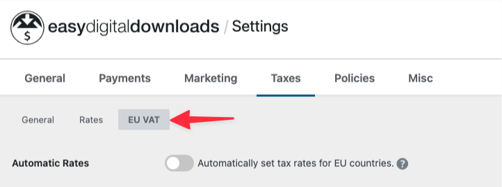 image – Easy Digital Downloads EU VAT for Easy Digital Downloads menu item and settings.