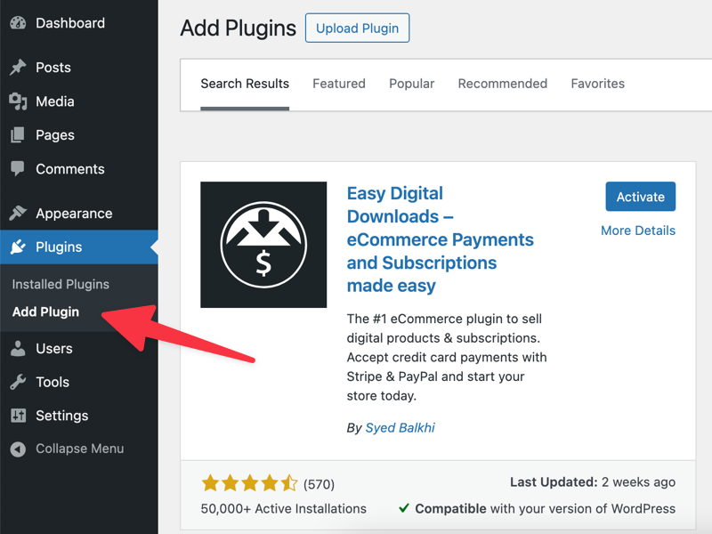 Add plugin to WordPress to install Easy Digital Downloads.