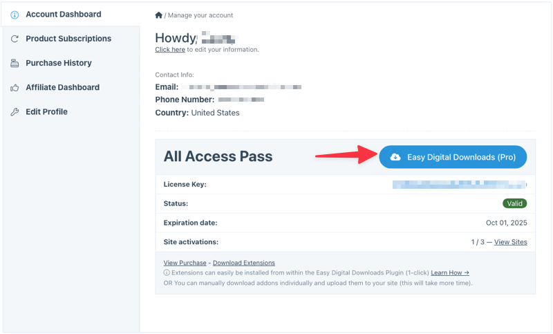 Easy Digital Downloads account dashboard interface to download EDD Pro plugin.