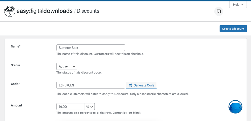 The discounts creation setting screen in Easy Digital Downloads.
