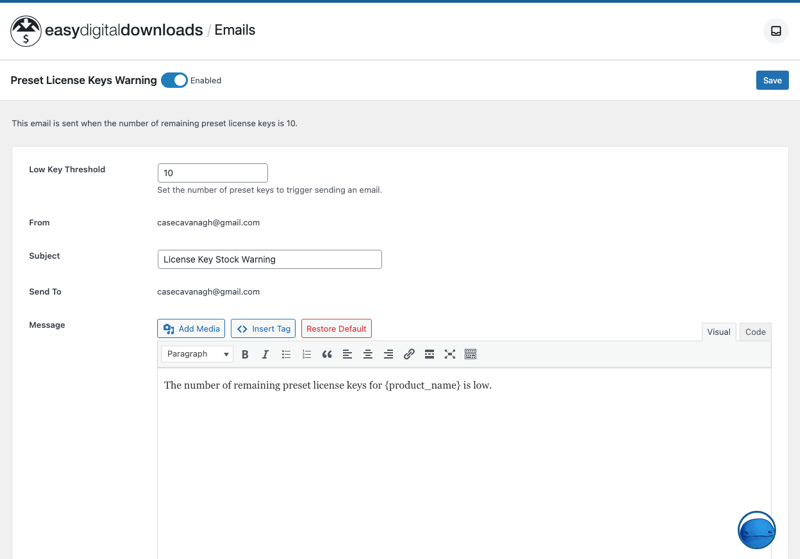 EDD Software Licensing preset key email alerts for low stock.