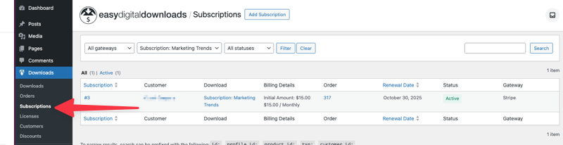 Easy Digital Downloads Subscriptions in WordPress.
