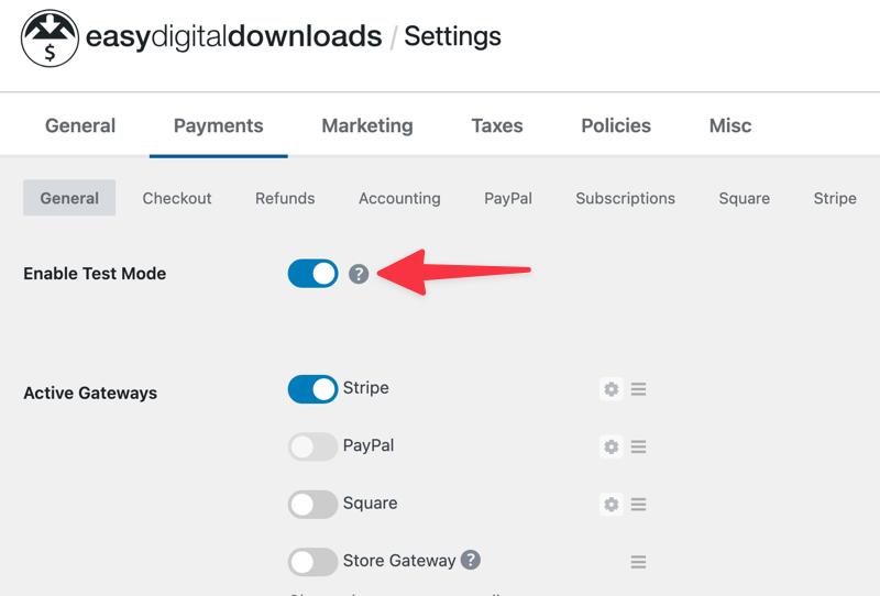 Enabling test mode in Easy Digital Downloads payment settings.
