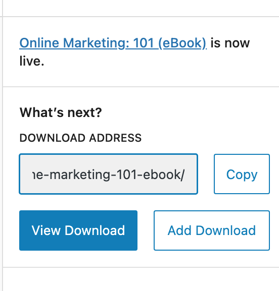 View Download option after publishing digital product or download in WordPress.