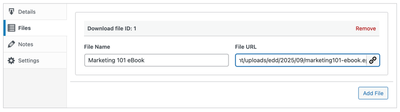 Uploading ePub files in Easy Digital Downloads settings for selling eBooks with WordPress.