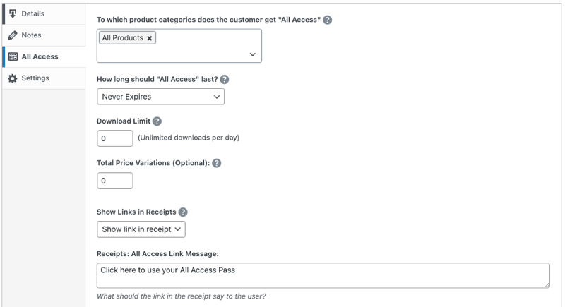 The EDD Download Details settings to Sell All Access Memberships Product in WordPress.