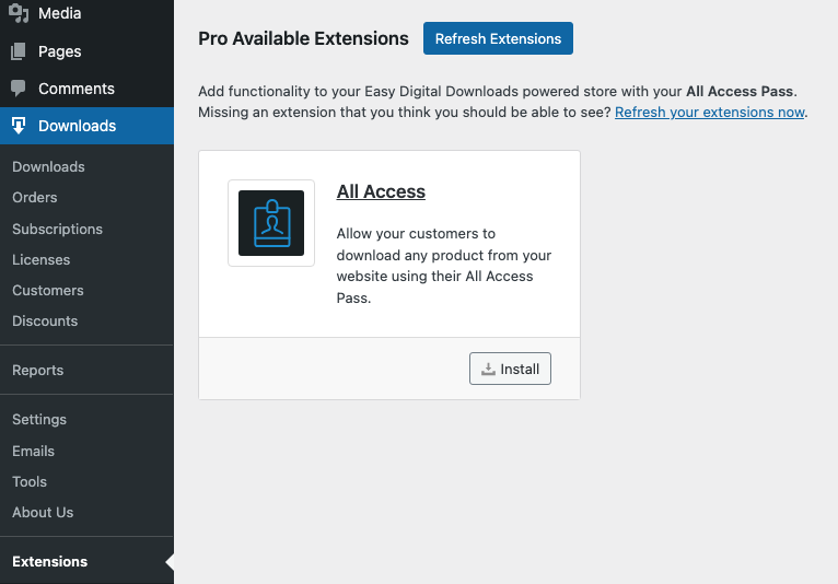 Installing Easy Digital Downloads All Access extension in WordPress.