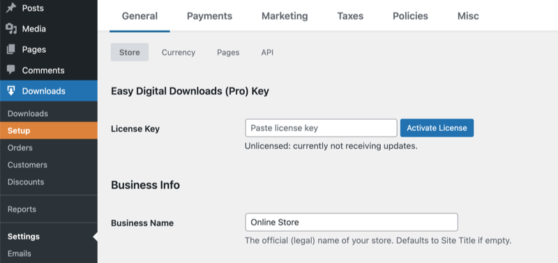 Easy Digital Downloads Setup settings to enter Pro license key.