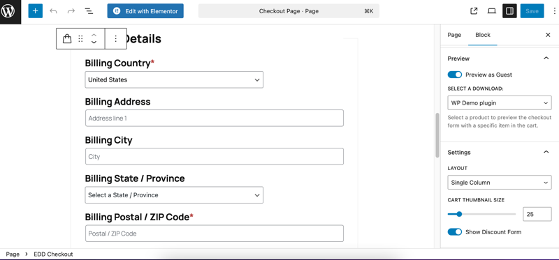 edd-checkout-live-preview – Easy Digital Downloads The Easy Digital Downloads checkout page with Elementor integration.