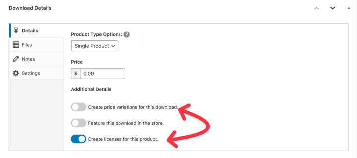 The options in Easy Digital Downloads settings to create price variations and license products in WordPress. 