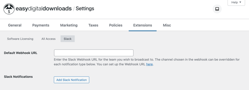 edd-extension-slack-settings – Easy Digital Downloads EDD Slack integration extension settings with webhook URL.