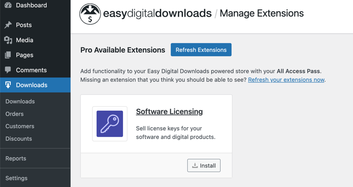 Install the Easy Digital Downloads Software Licensing add-on to license software in WordPress.