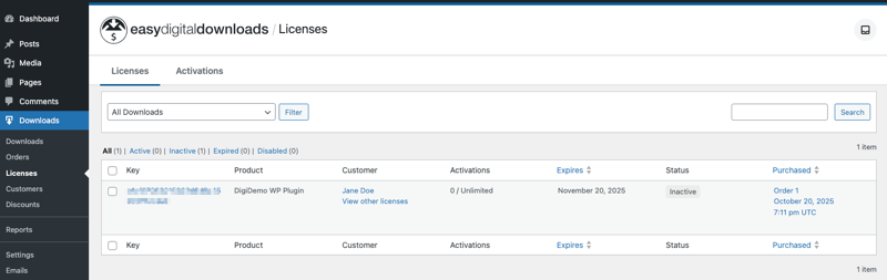 Dashboard for licenses in Easy Digital Downloads.