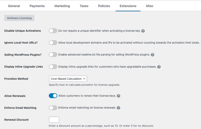 Software Licensing renewal settings in WordPress.