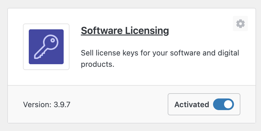 Karta rozszerzenia Software Licensing w Easy Digital Downloads ustawiona jako aktywna w WordPress.