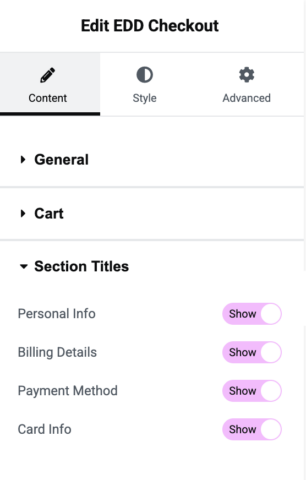 edit-edd-checkout-section-titles-elementor – Easy Digital Downloads Elementor EDD Checkout widget content settings.